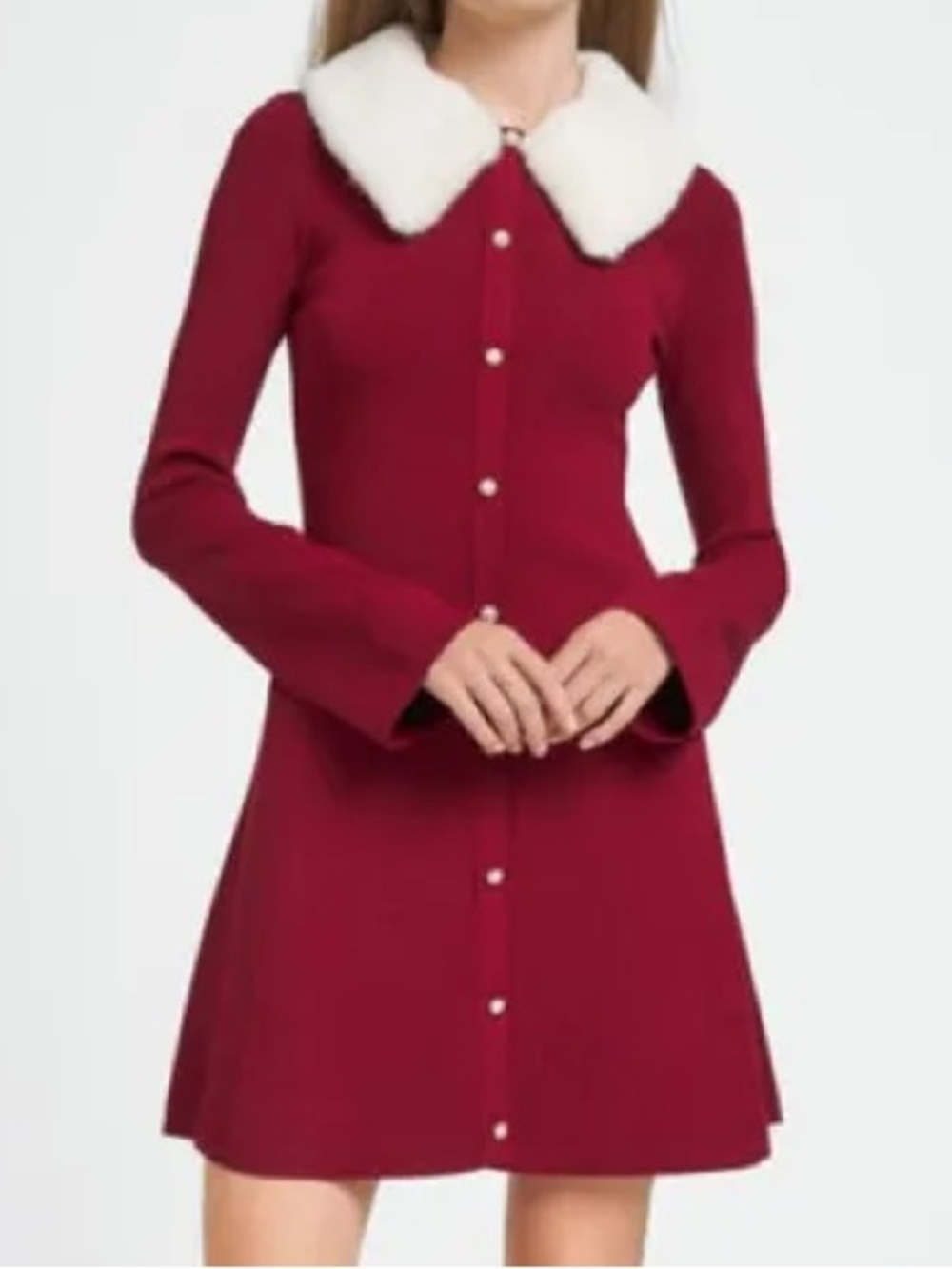 Wayf Burgundy Long-Sleeve A-Line Dress with White Faux-Fur Collar
